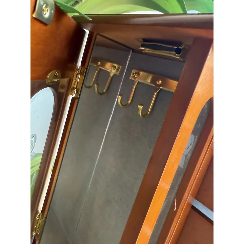 Large Vintage Solid Wood Etched Glass Armoire Style Jewelry Box